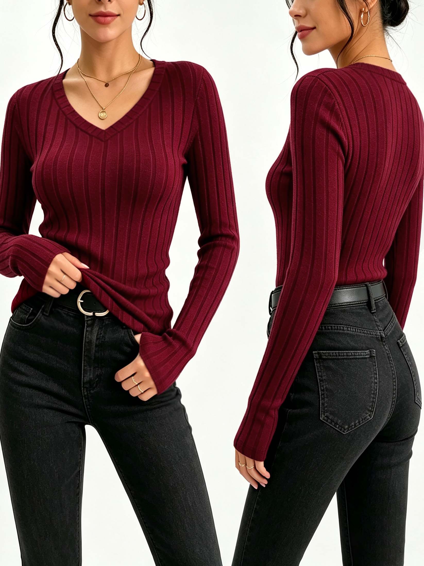 Trend Women Fashion - Women Solid V‑Neck Ribbed Knit Top,